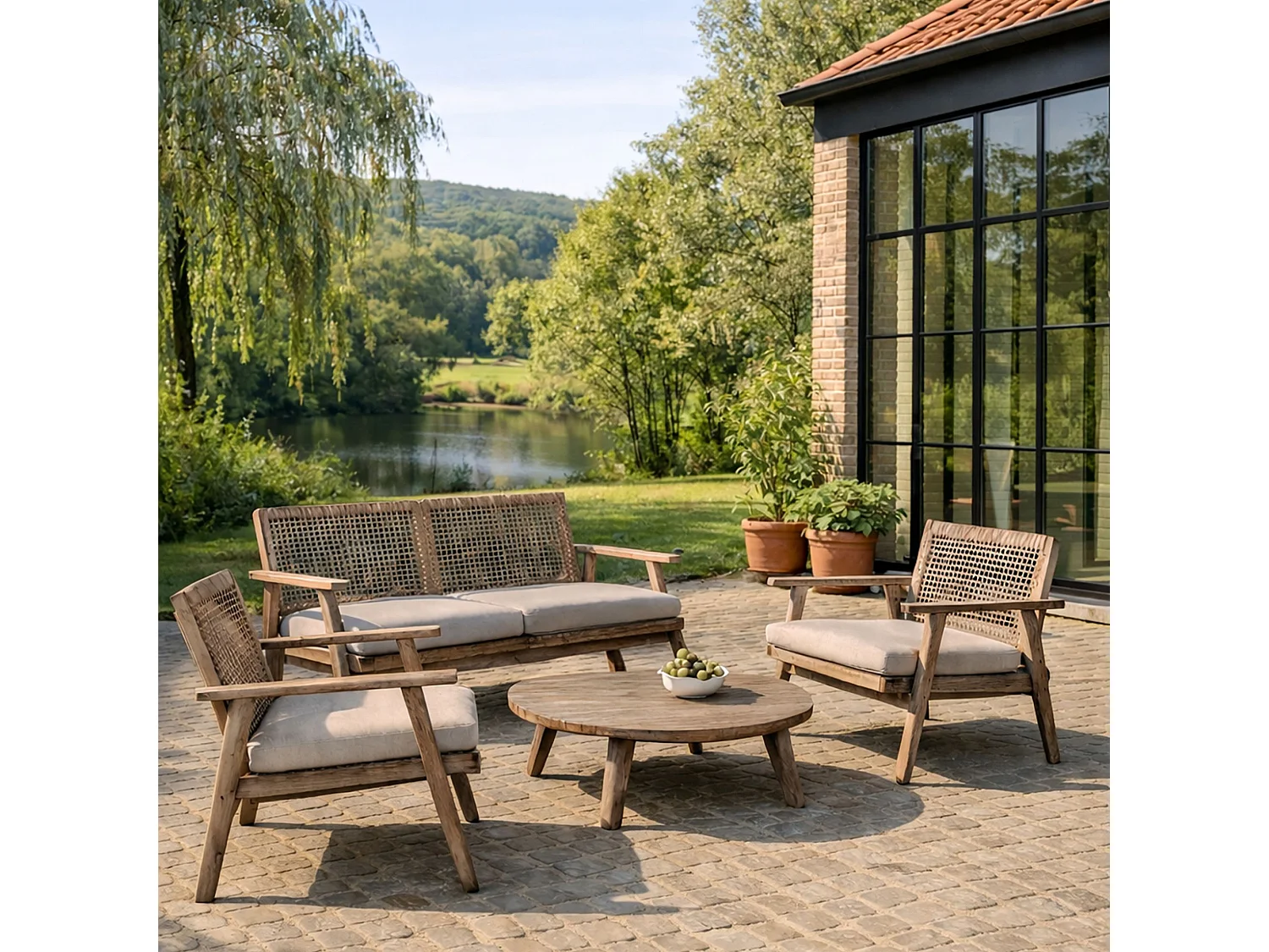 Now's Home - Salon De Jardin En Bois D'acacia Vieilli + Corde Mastic Et Coussins Eden