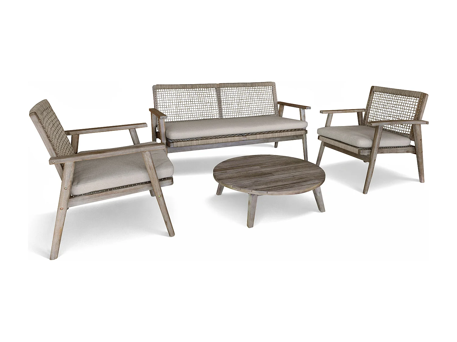 Now's Home - Salon De Jardin En Bois D'acacia Vieilli + Corde Mastic Et Coussins Eden