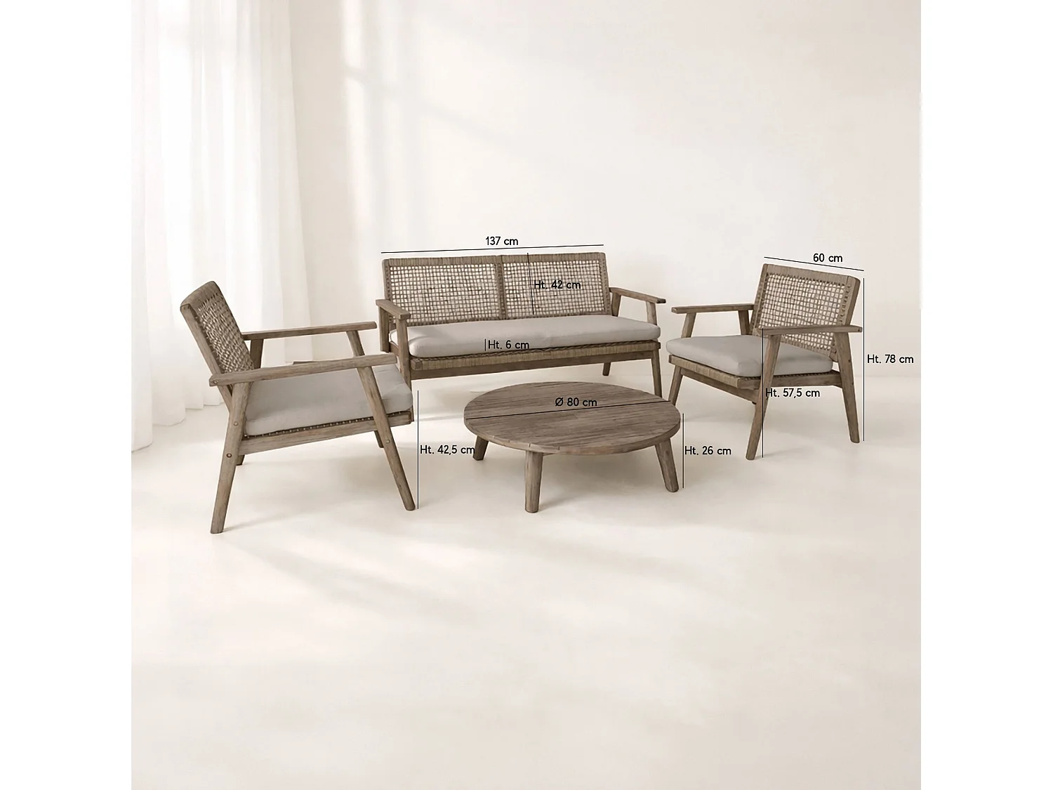Now's Home - Salon De Jardin En Bois D'acacia Vieilli + Corde Mastic Et Coussins Eden