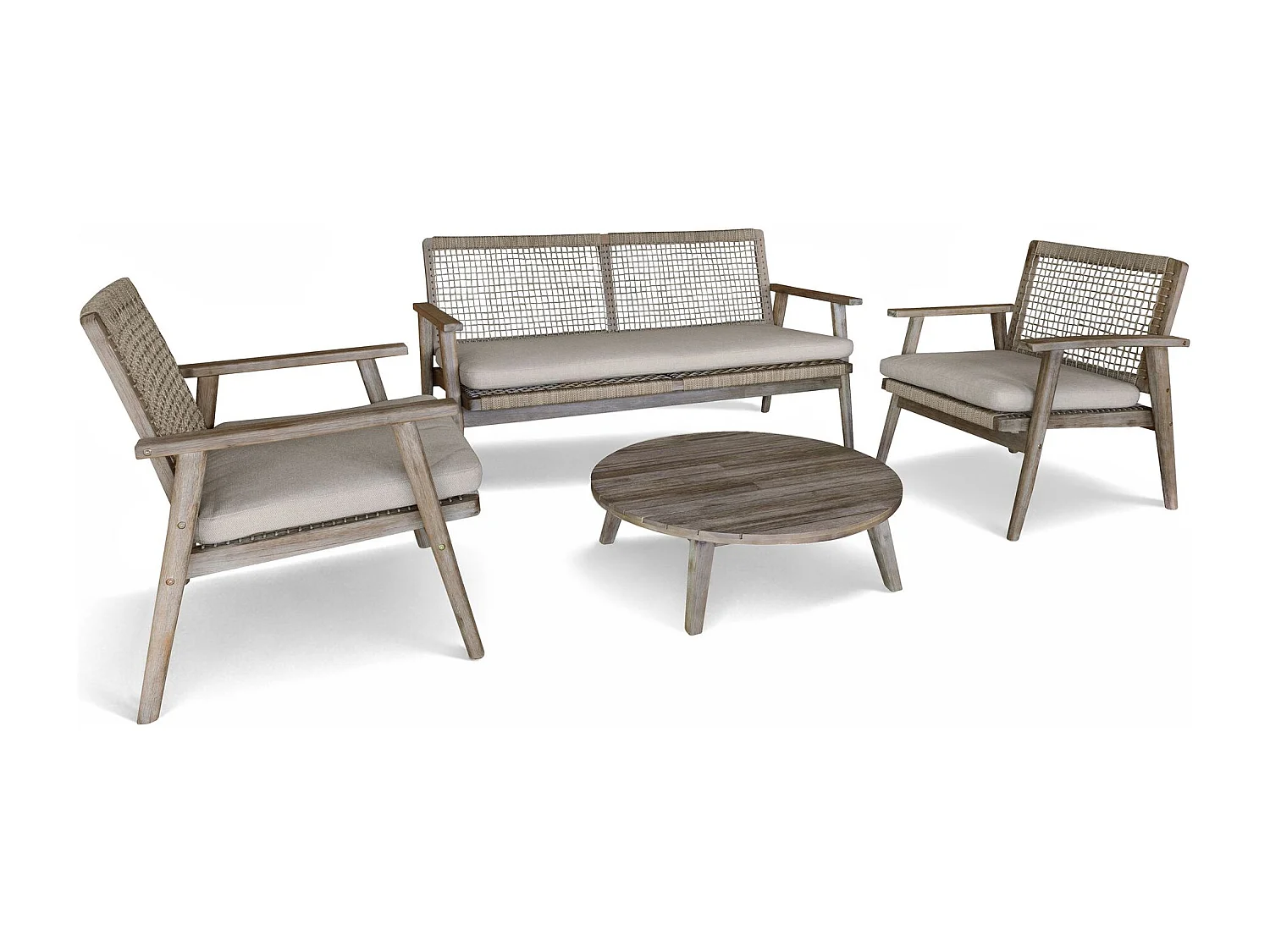 Now's Home - Salon De Jardin En Bois D'acacia Vieilli + Corde Mastic Et Coussins Eden