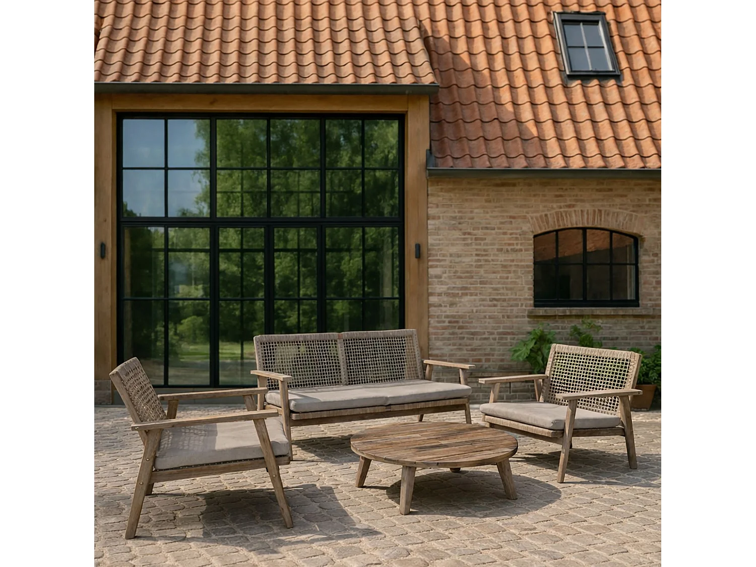 Now's Home - Salon De Jardin En Bois D'acacia Vieilli + Corde Mastic Et Coussins Eden