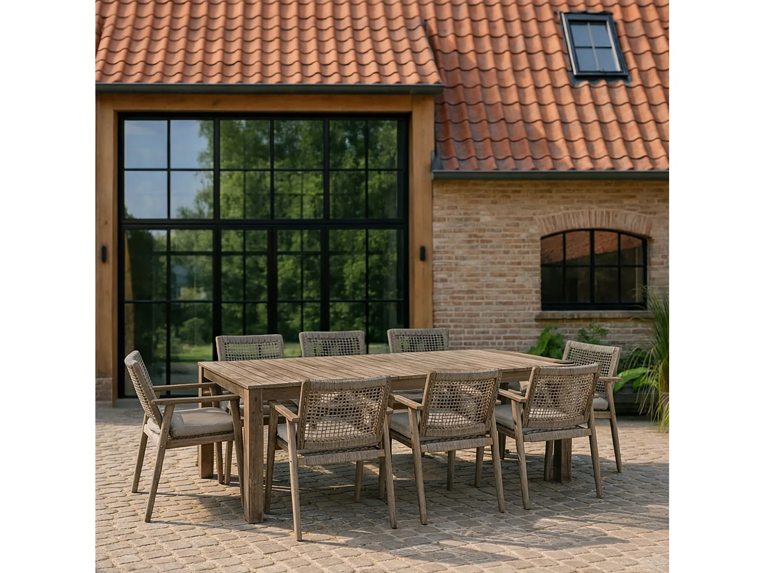 Now's Home - Ensemble Table 230cm + 8 Fauteuils/table Acacia Vieilli + Corde Eden