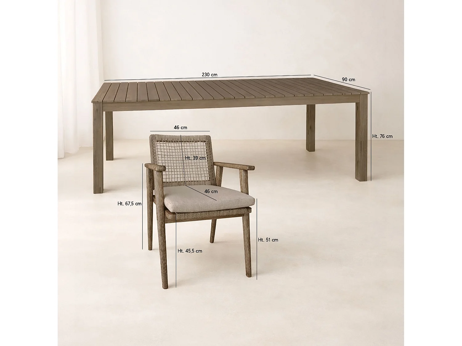 Now's Home - Ensemble Table 230cm + 8 Fauteuils/table Acacia Vieilli + Corde Eden