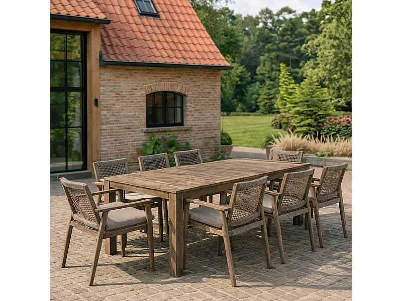 Now's Home - Ensemble Table 230cm + 8 Fauteuils/table Acacia Vieilli + Corde Eden