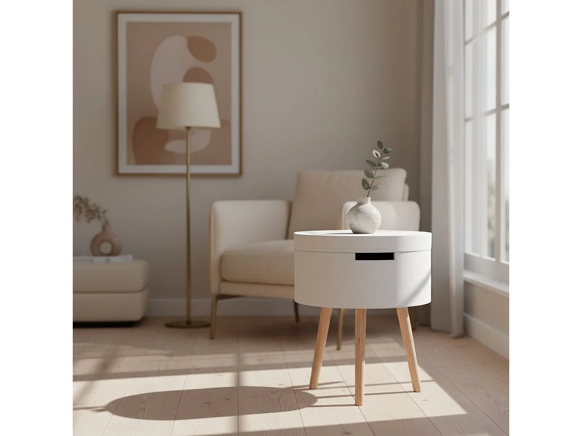 Mesa auxiliar MOA Vinthera con cajón blanco Ø38x43 cm