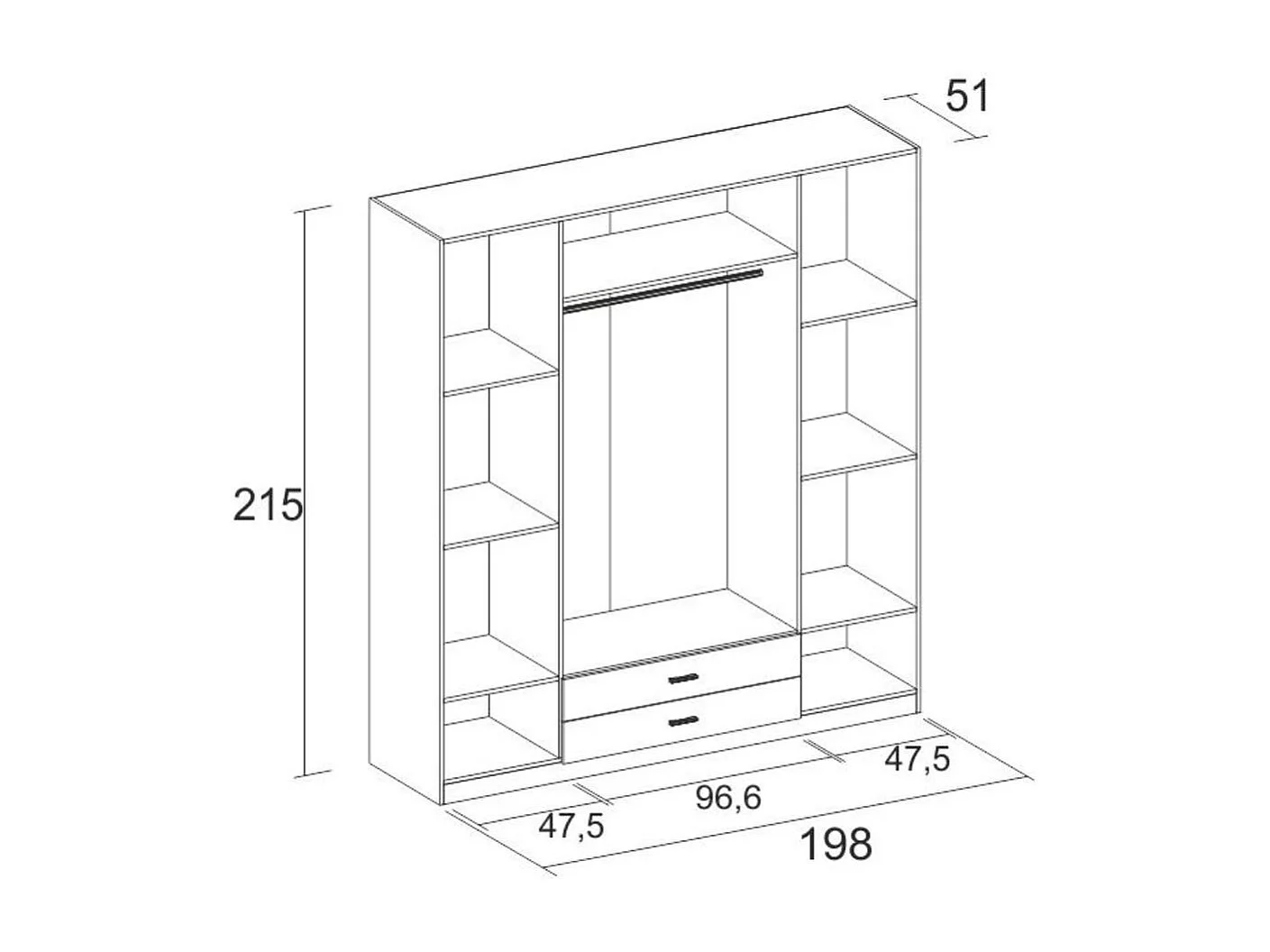 Armario Roma 4 puertas abatibles con 2 cajones blanco mate 215,5x198x52,6 cm