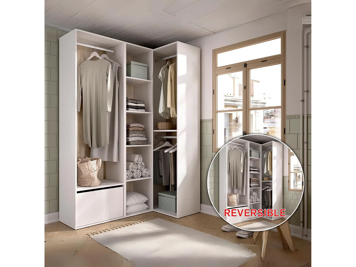 Armario vestidor Suit 2 módulos + 3 barras + zapatero blanco/natural 205x144,5x79,5 cm