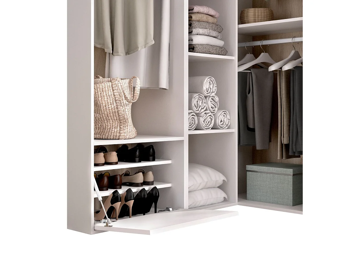 Armario vestidor Suit 2 módulos + 3 barras + zapatero blanco/natural 205x144,5x79,5 cm