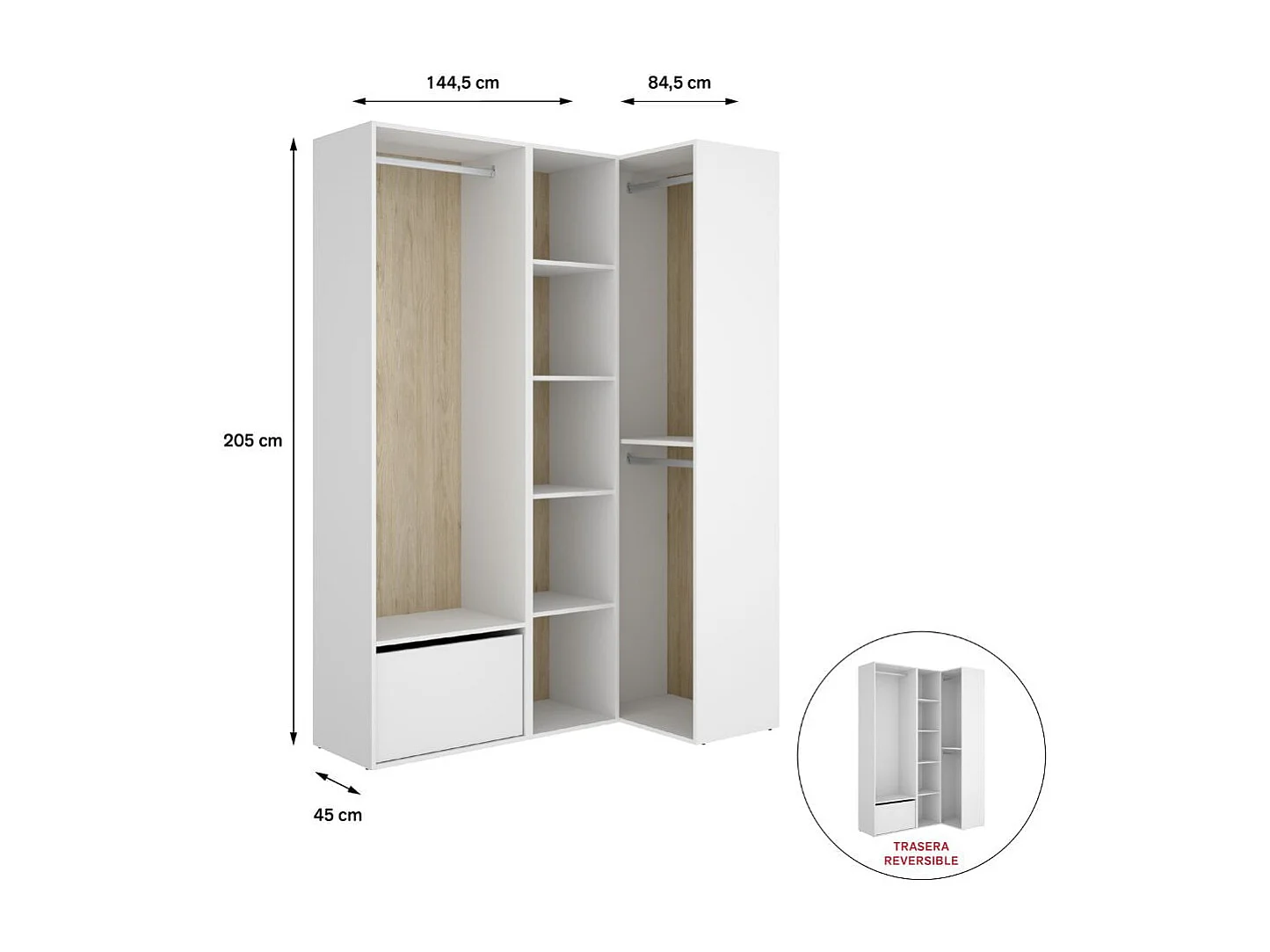 Armario vestidor Suit 2 módulos + 3 barras + zapatero blanco/natural 205x144,5x79,5 cm