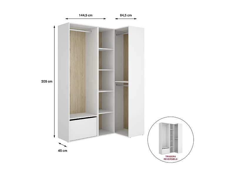 Armario vestidor Suit 2 módulos + 3 barras + zapatero blanco/natural 205x144,5x79,5 cm