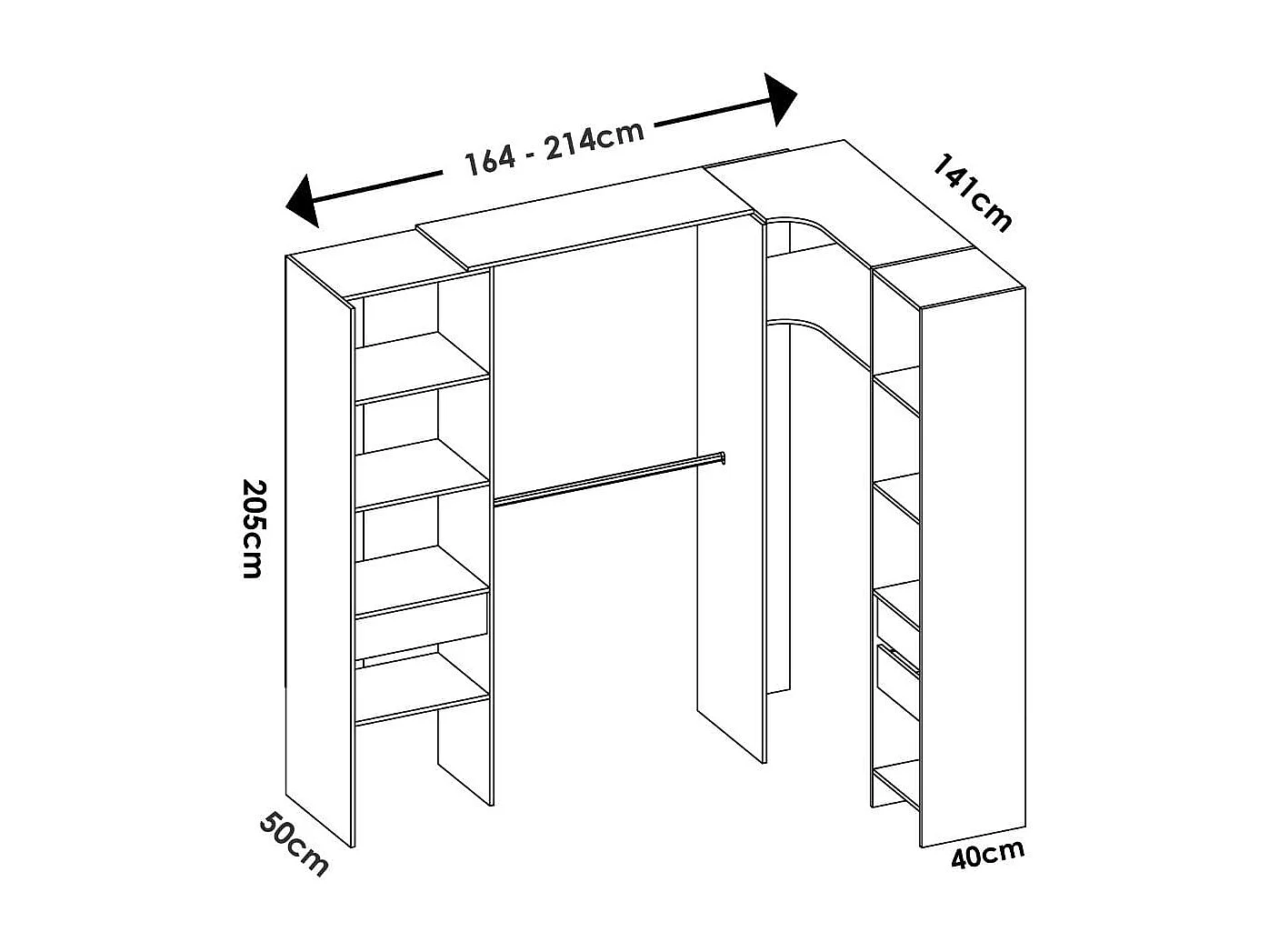 Armario vestidor Suit reversible 3 cajones + 3 barras + 2 columnas blanco 205x164-214x141 cm