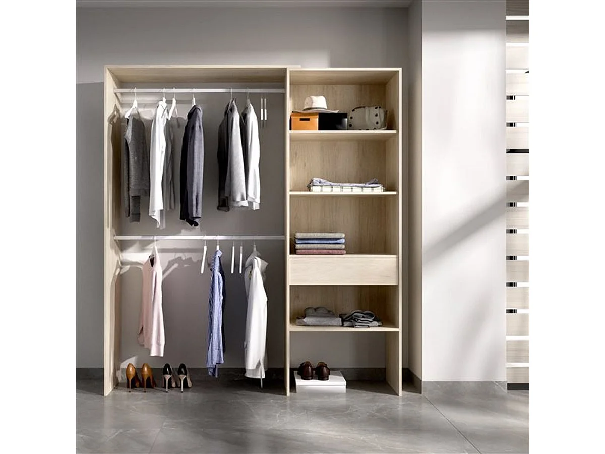 Armario vestidor Suit 2 barras con 4 compartimentos y 1 cajón natural 187x110-160x40 cm