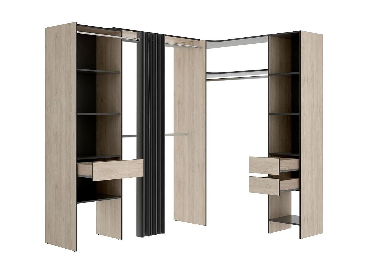 Armario vestidor Suit reversible 3 cajones + 3 barras + 2 columnas natural/ grafito 205x164-214x141 cm