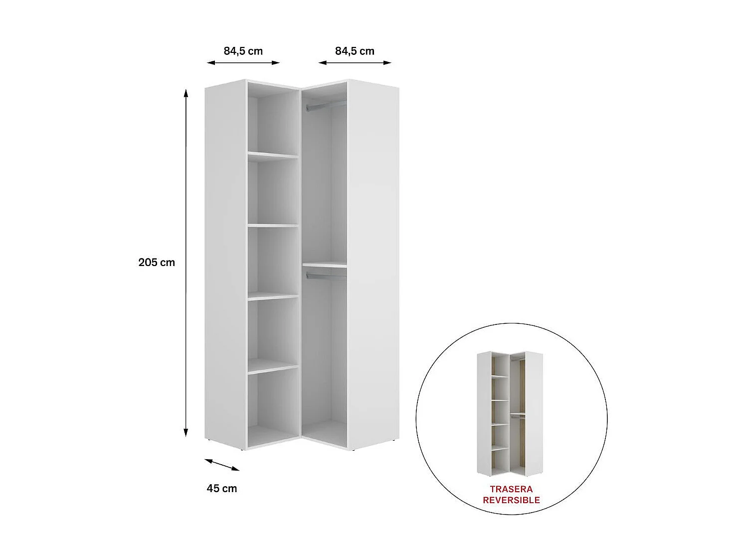Armario vestidor Suit rinconero reversible 2 barras + 4 estantes blanco 205x84,5x84,5 cm