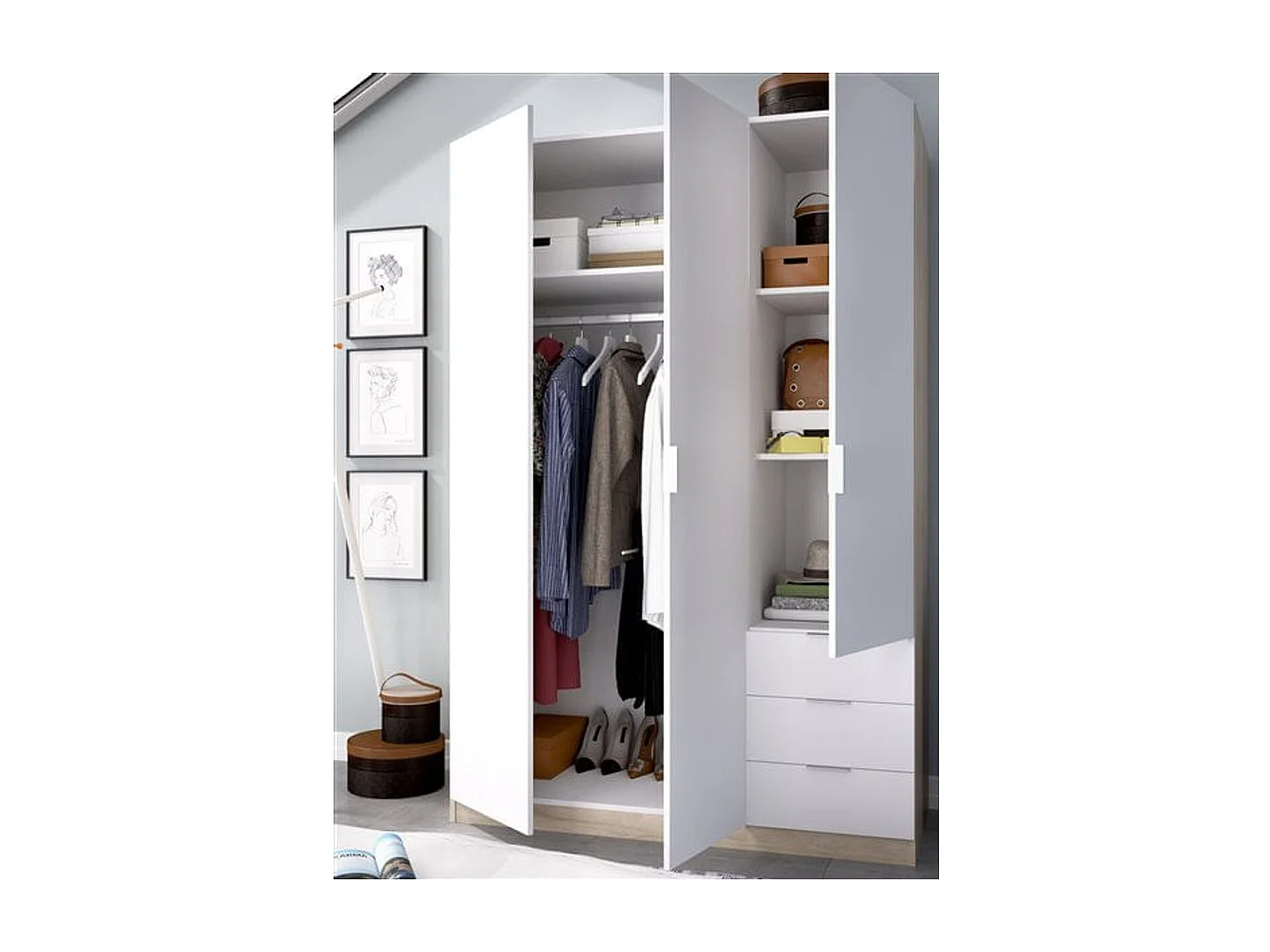 Armario Essen 3 puertas abatibles con 3 cajones blanco/natural 184x121x52 cm