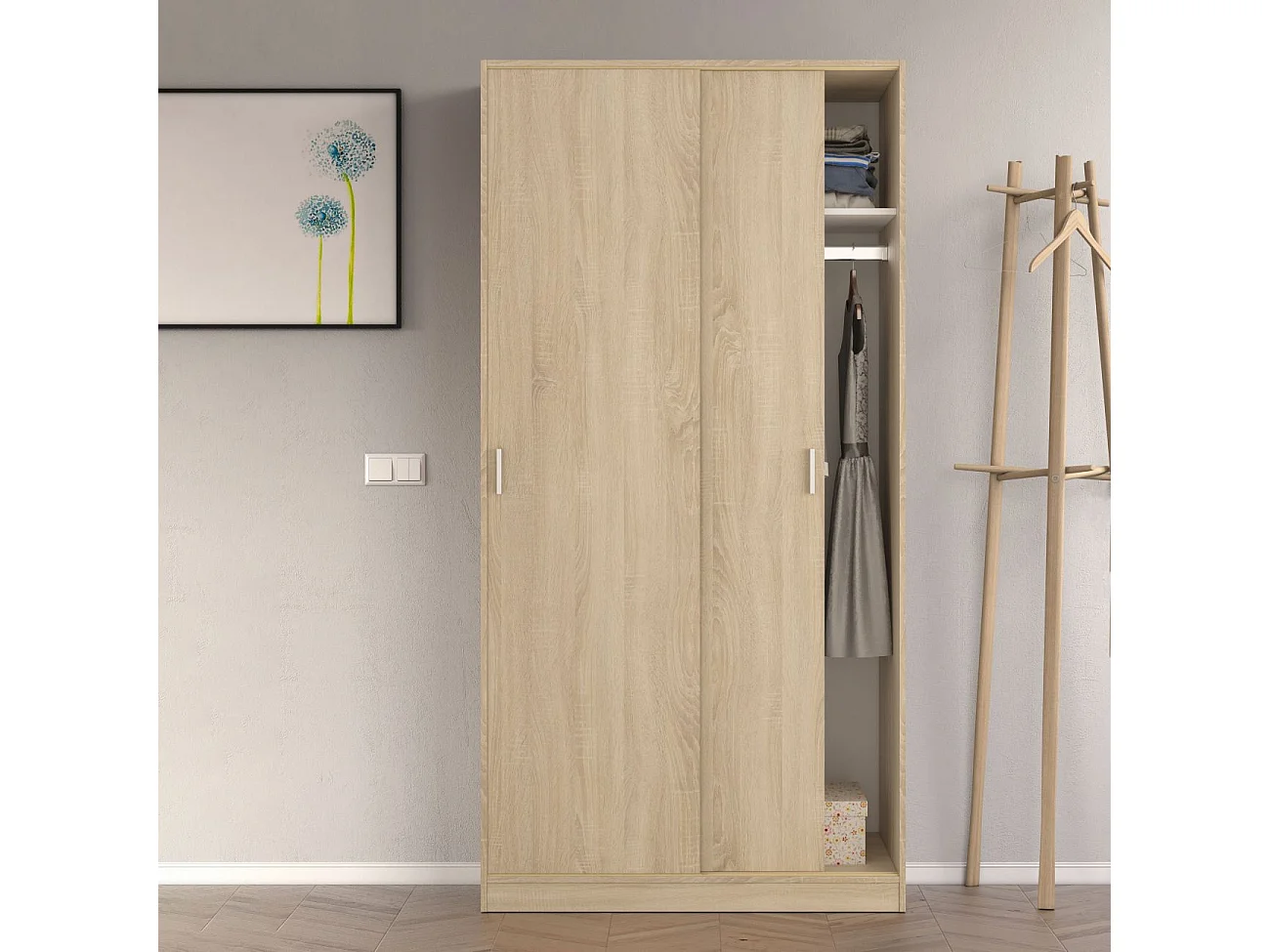 Armario de puertas correderas y diseño compacto en roble canadian 100x200 cm Max Roble Canadian