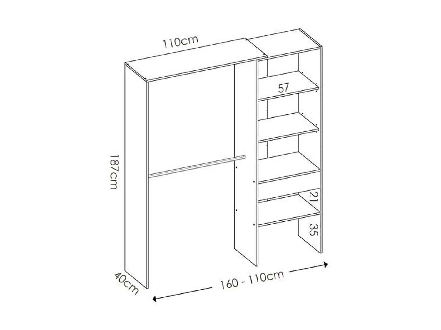 Armario vestidor Suit 2 barras con 4 compartimentos y 1 cajón blanco 187x110-160x40 cm