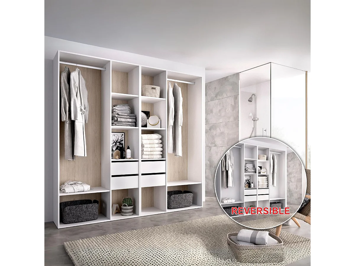 Armario vestidor Suit reversible 4 cajones + 2 barras + 2 columnas blanco/natural 205x196x45 cm