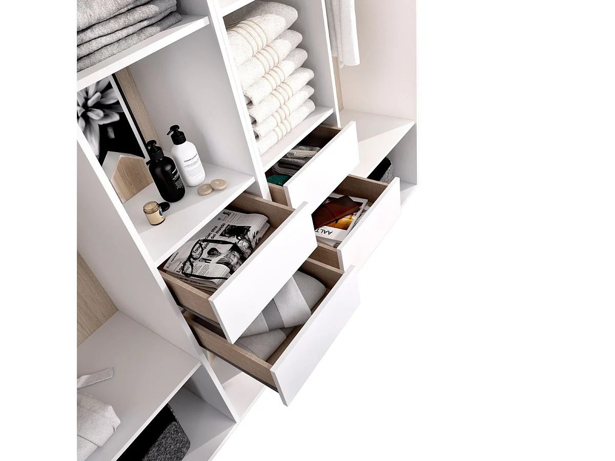 Armario vestidor Suit reversible 4 cajones + 2 barras + 2 columnas blanco/natural 205x196x45 cm