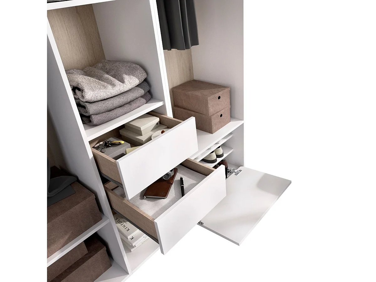 Armario vestidor Suit 2 módulos + 2 barras + zapatero blanco/natural 205x158x45 cm