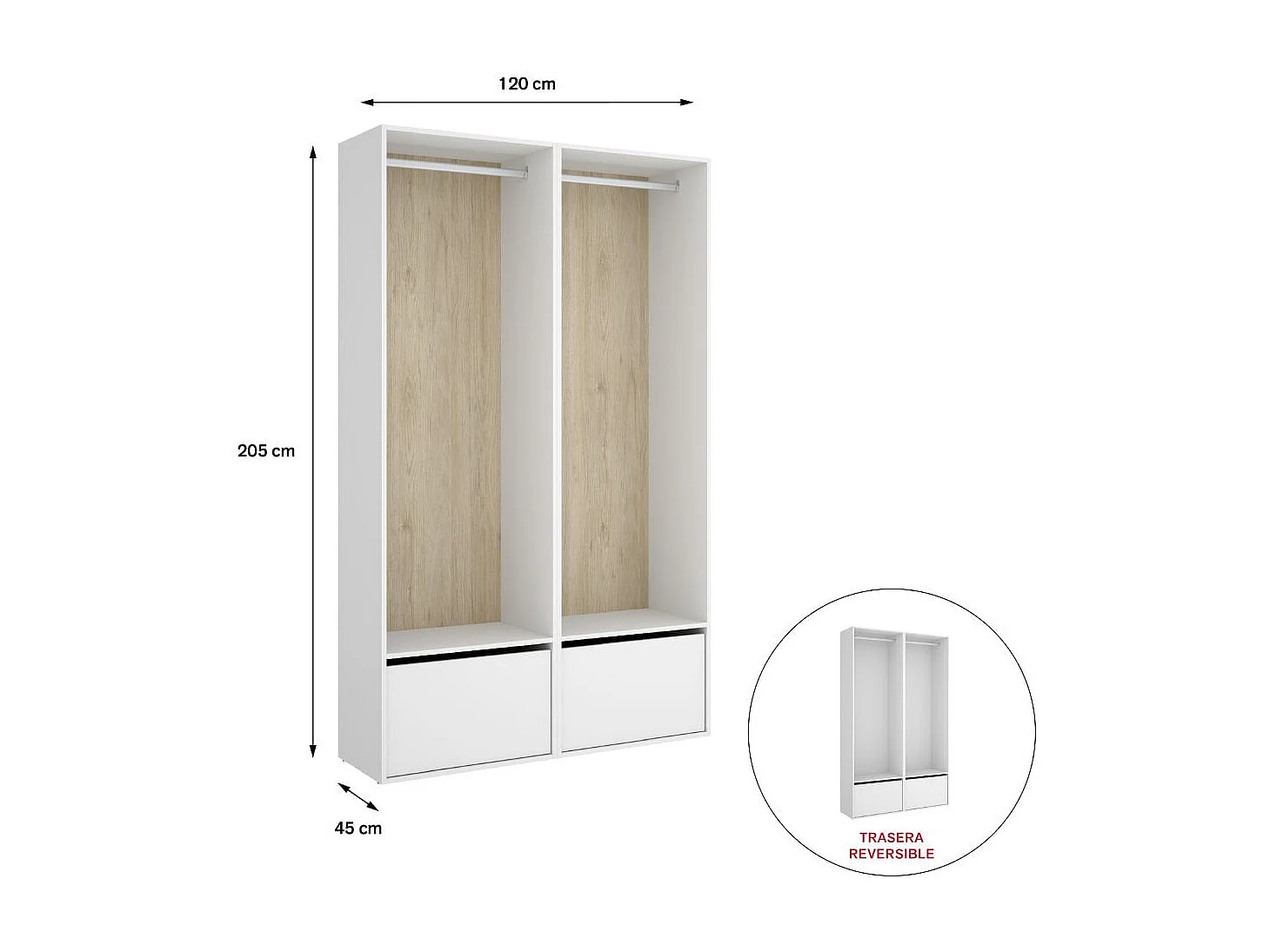 Armario vestidor Suit 2 módulos + 2 barras + zapatero blanco/natural 205x120x45 cm