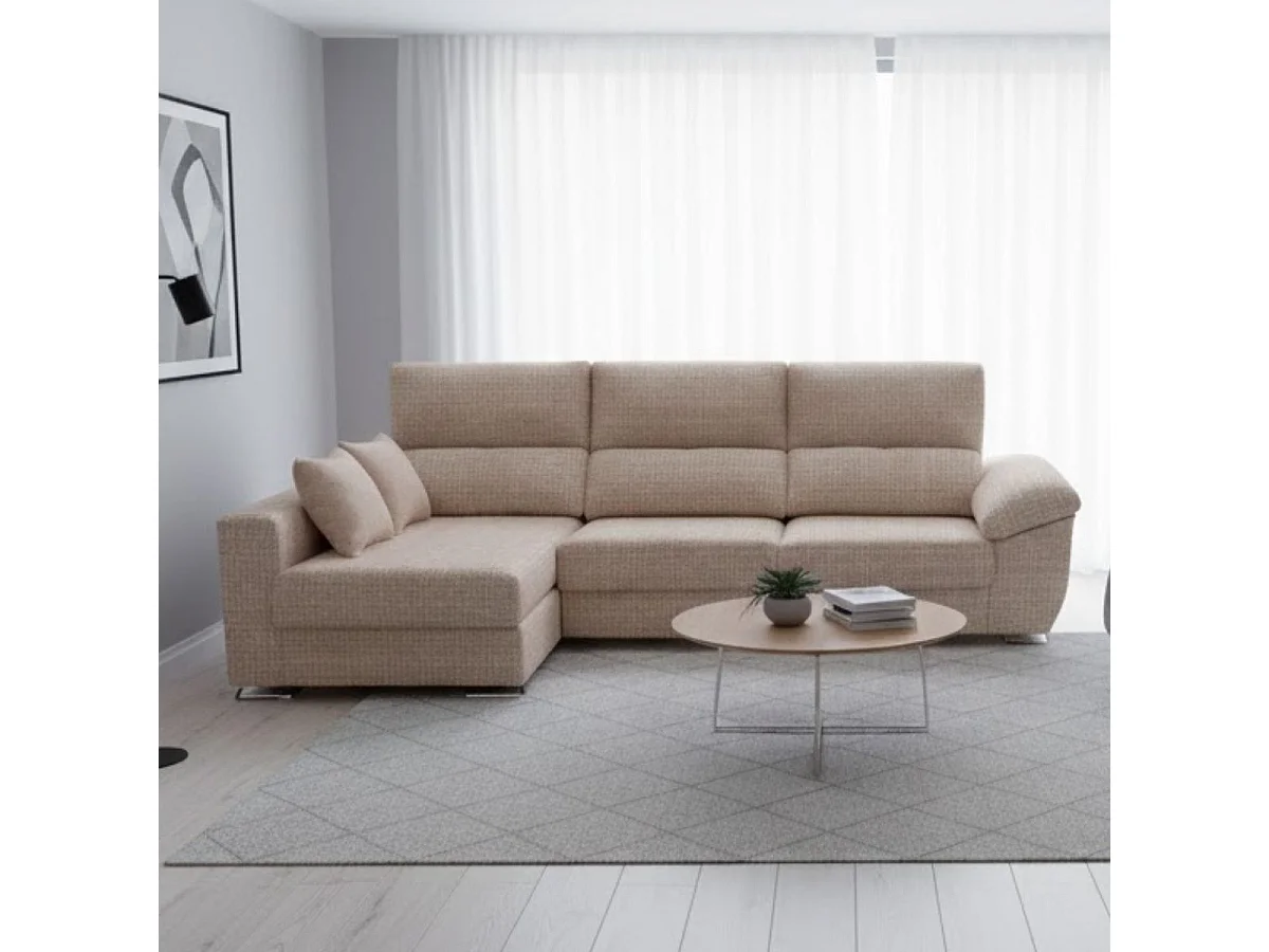 Sofá chaiselongue Ponza 3 plazas deslizante + cabezales reclinables izquierda beige oscuro 100x275x160 cm