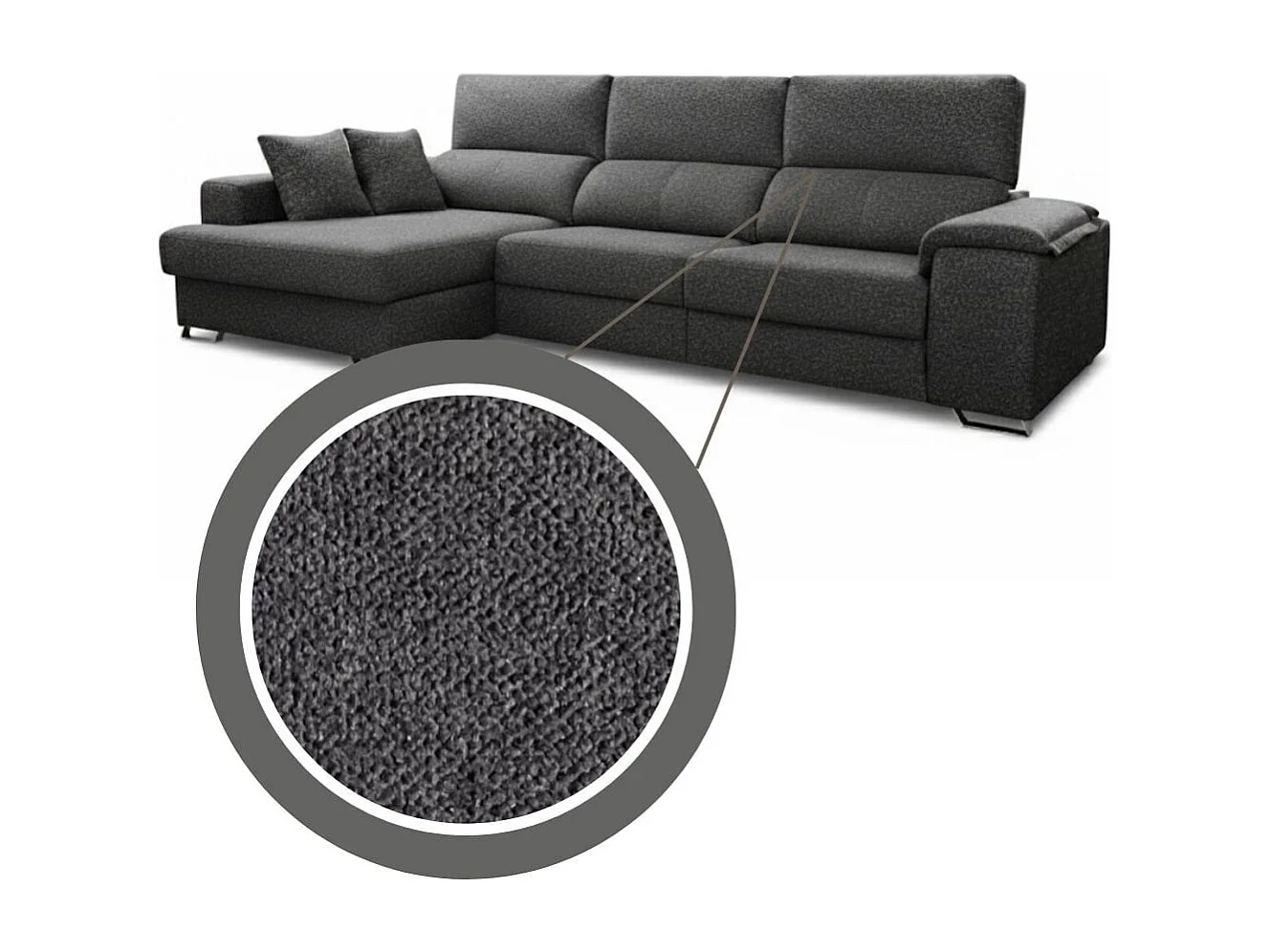 Sofá chaiselongue izquierda Sidney 3 plazas deslizante y reclinable tela Bronx antracita 285 cm