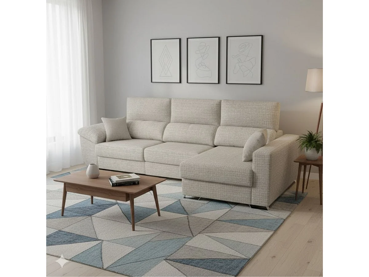 Sofá chaiselongue Ponza 3 plazas deslizante + cabezales reclinables derecha beige 100x275x160 cm