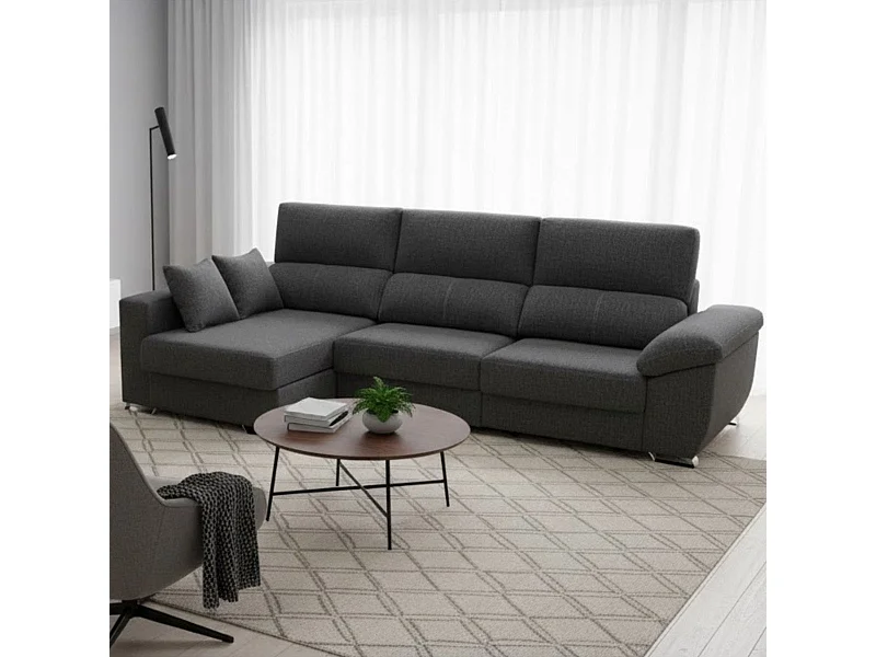 Sofá chaiselongue Ponza 3 plazas deslizante + cabezales reclinables derecha antracita 100x275x160 cm