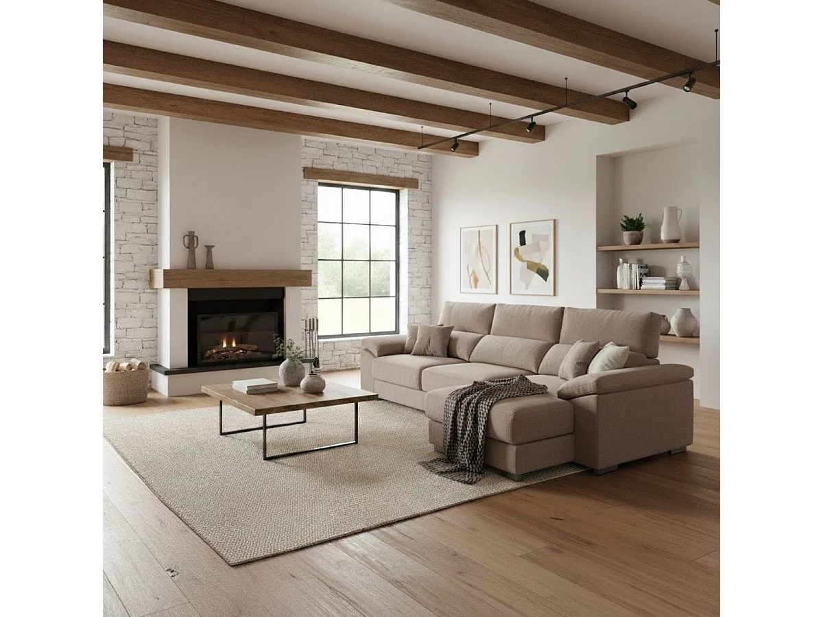 Sofá chaiselongue derecha Calgary 3 plazas deslizante y reclinable tela sorrento marrón claro 290 cm