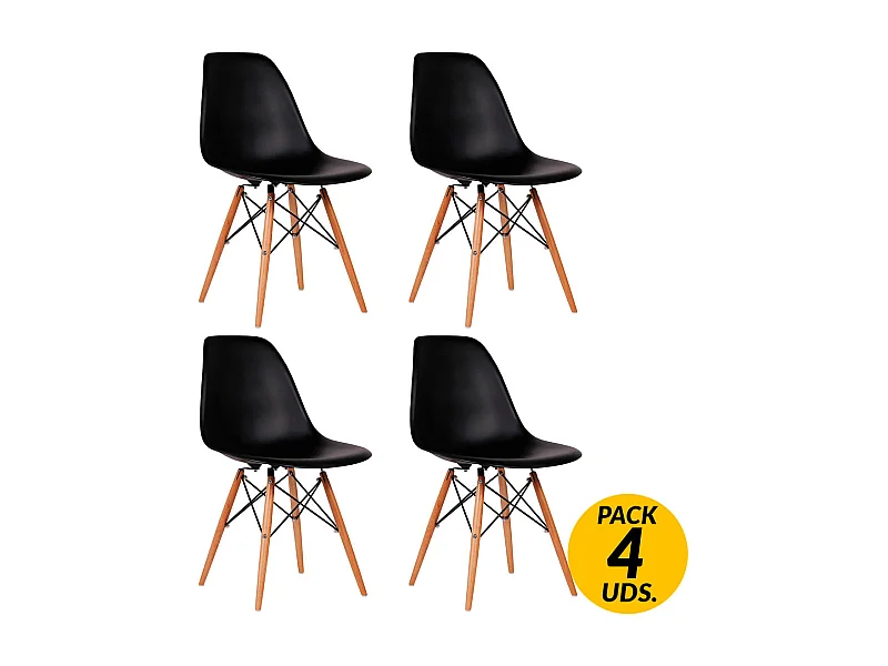 Pack de 4 sillas de comedor París estilo nórdico madera/negro 82x51x46 cm Adec