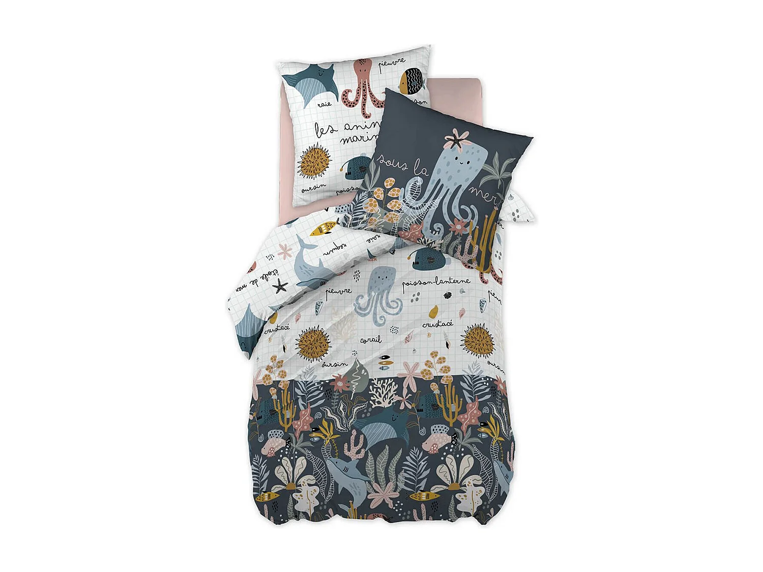 NEMO - Parure de Lit Imprimé Océan Housse de Couette 200x200cm + 2 Taies d'Oreiller