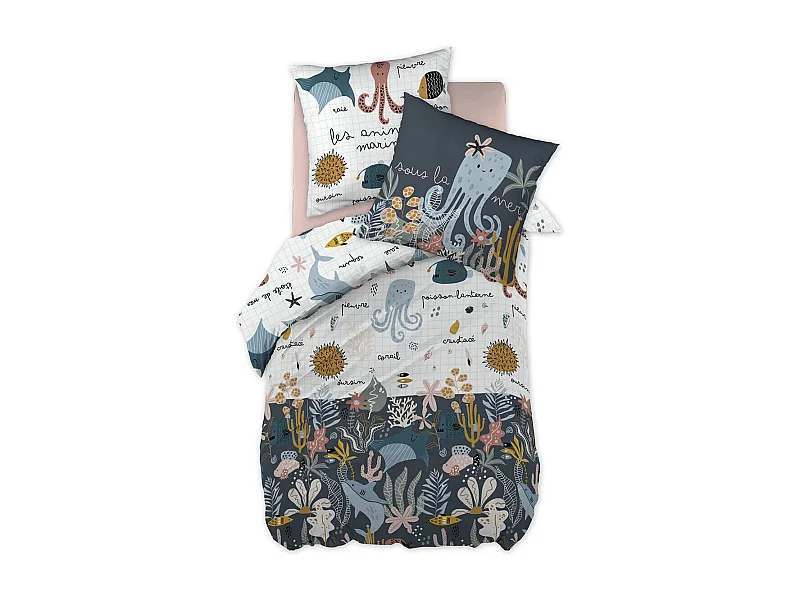 NEMO - Parure de Lit Imprimé Océan Housse de Couette 200x200cm + 2 Taies d'Oreiller