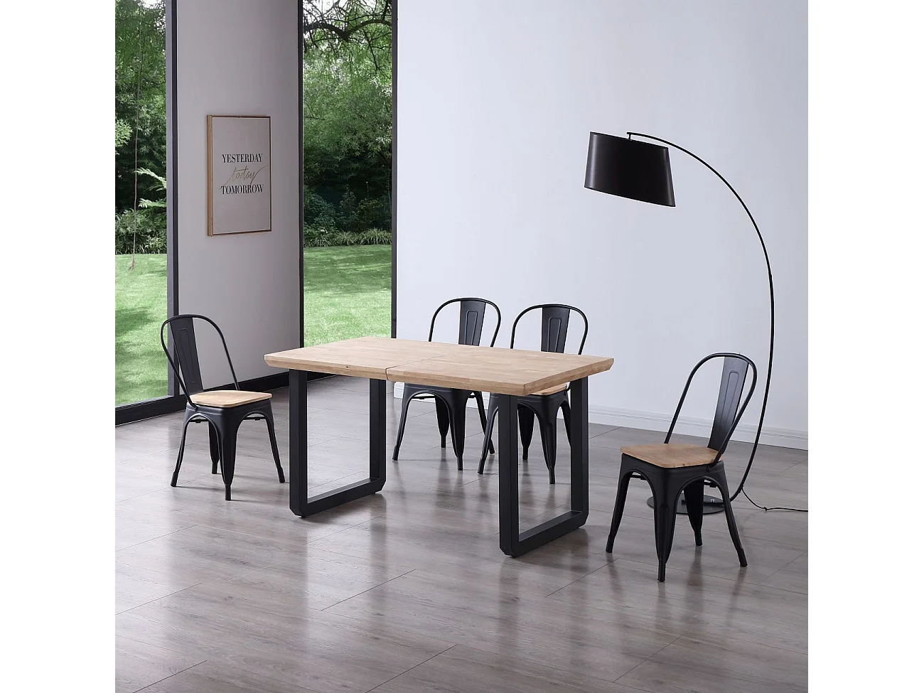 Mesa de comedor extensible con patas metálicas en negro y roble 140-220x80cm Roma Negro - Roble