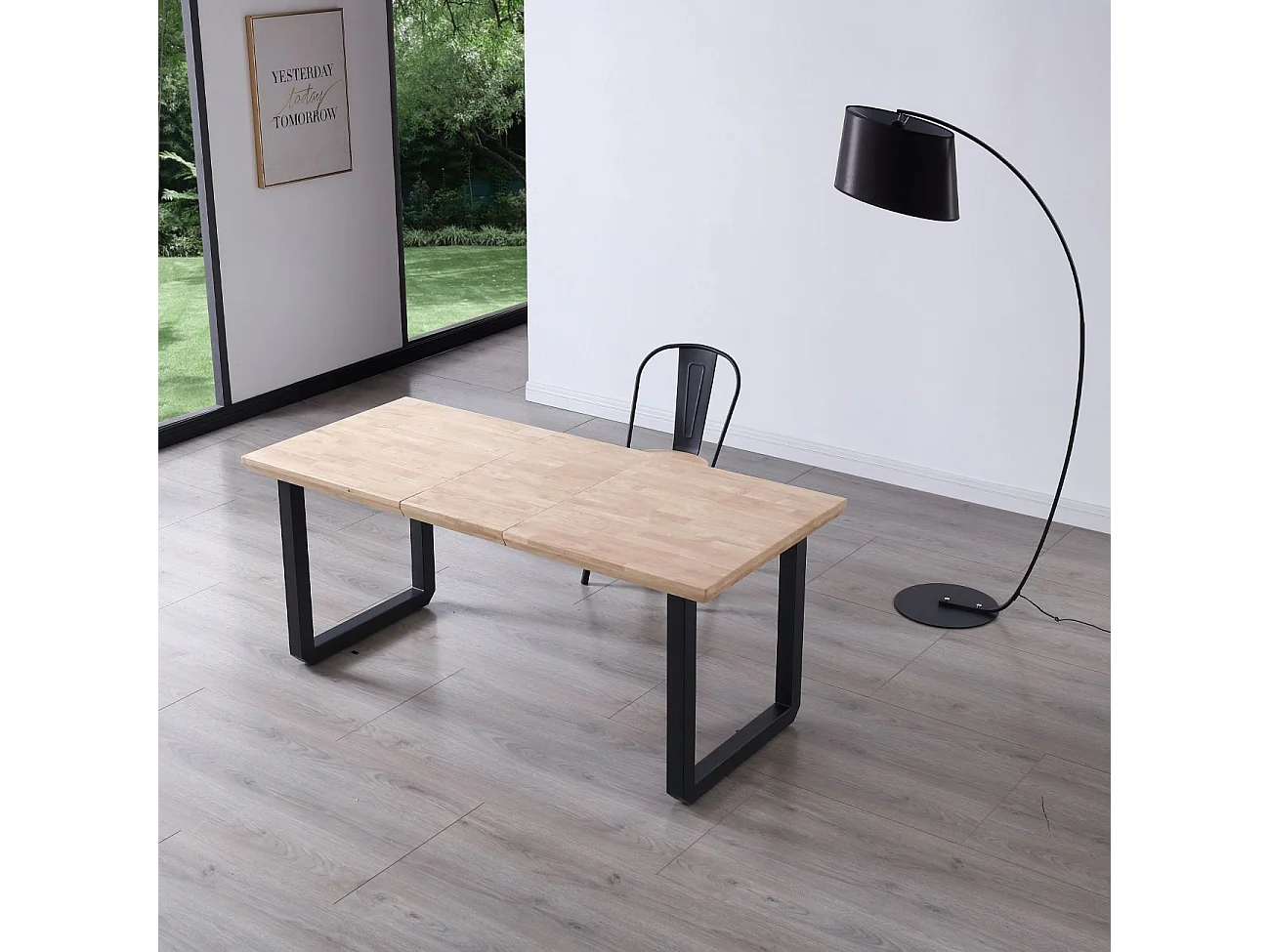 Mesa de comedor extensible con patas metálicas en negro y roble 140-220x80cm Roma Negro - Roble