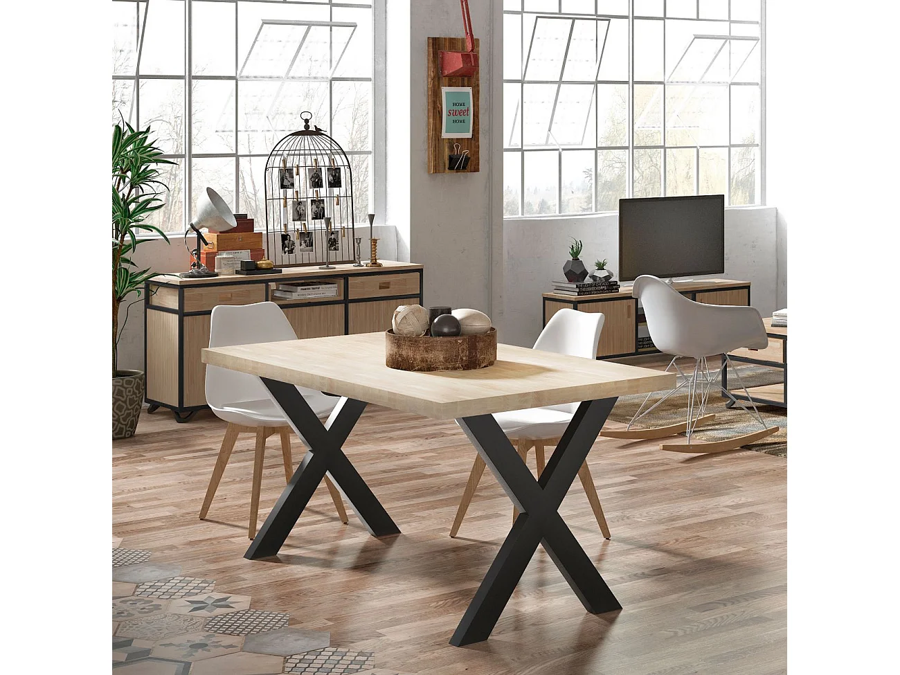 Mesa de comedor fija con patas metálicas en negro y roble salvaje 140x80cm X-Loft Roble salvaje - Negro