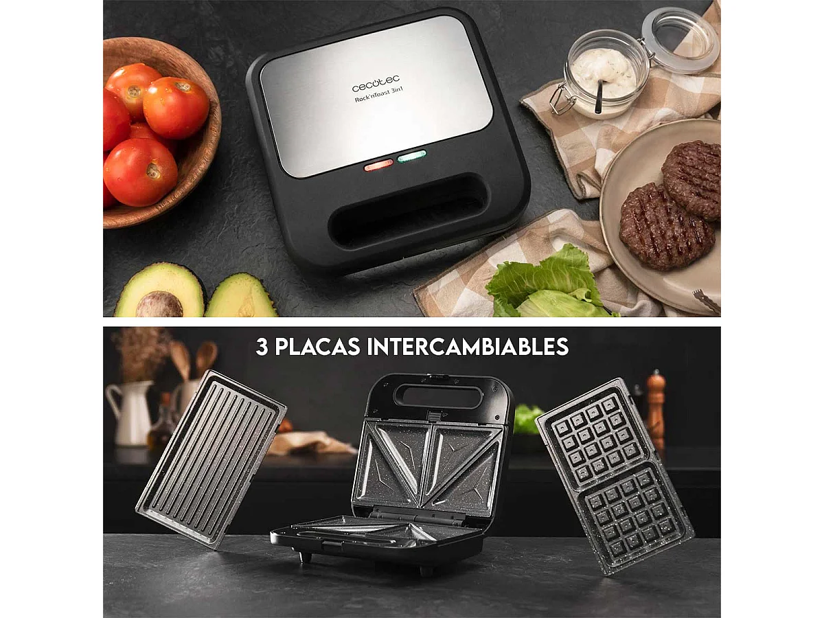 Sandwichera Cecotec Rock'n Toast 1000 3in1 800W 3 placas intercambiables negro