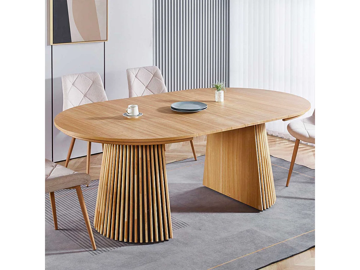 Mesa de comedor Keanu diseño circular extensible natural 75x120-160-200x120 cm Adec