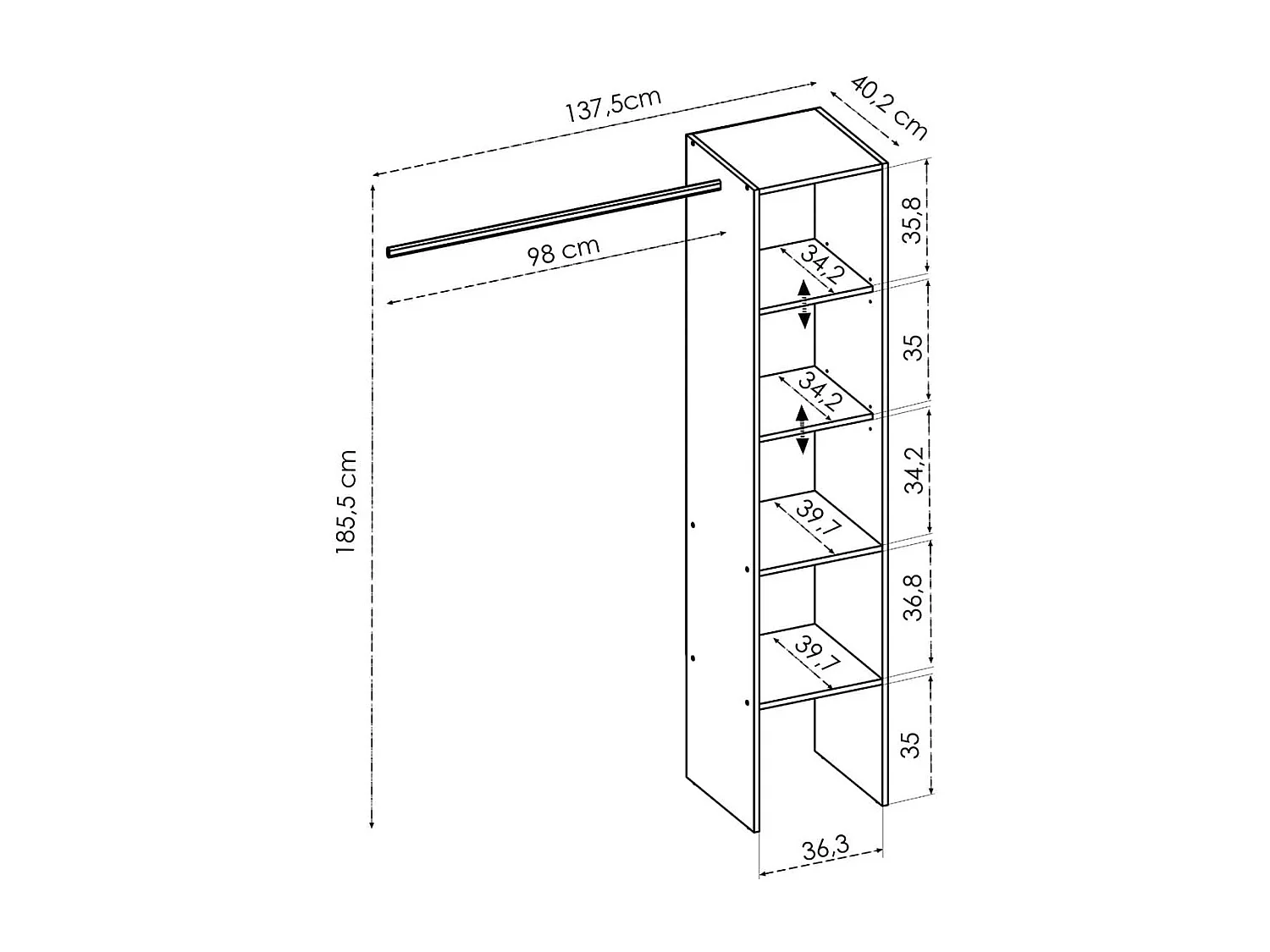 Vestidor Suit 4 estantes+1 barra para colgar Nordic 185,5x137x5x40,2 cm