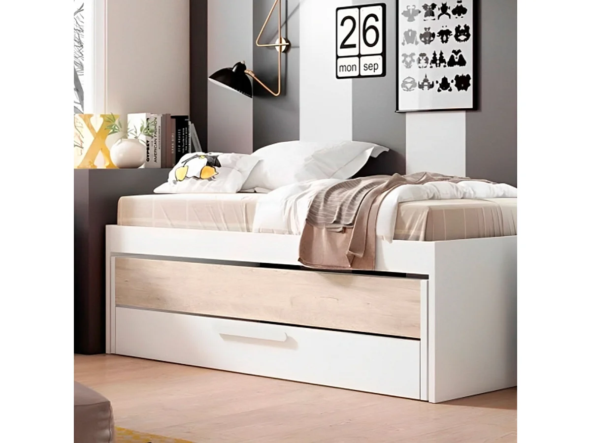 Cama nido Estelle cajón extraíble blanco mate/sahara 62x212x98 cm