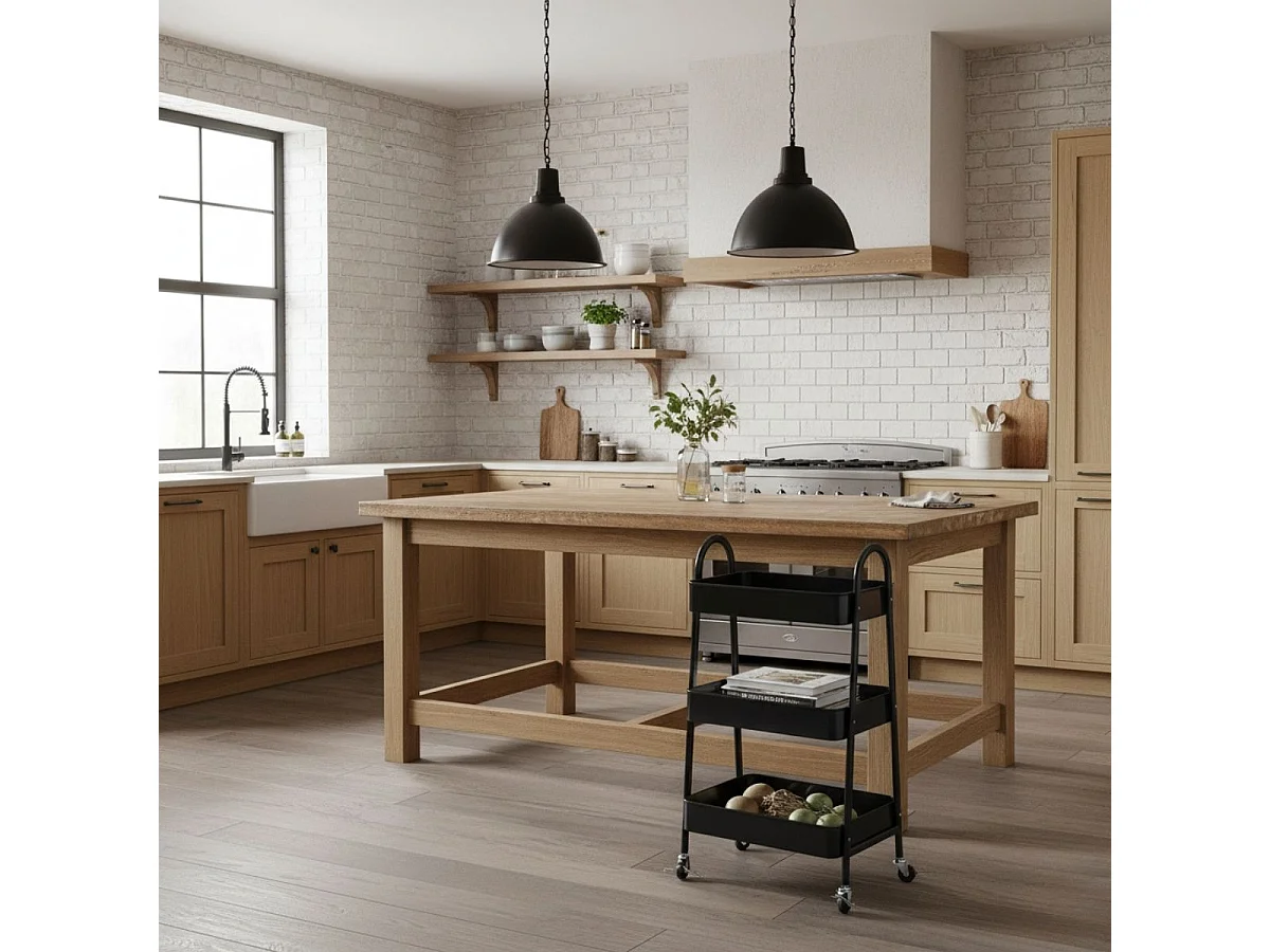 Carrito auxiliar 3 niveles con ruedas + asas negro 79,5x31,5x44 cm