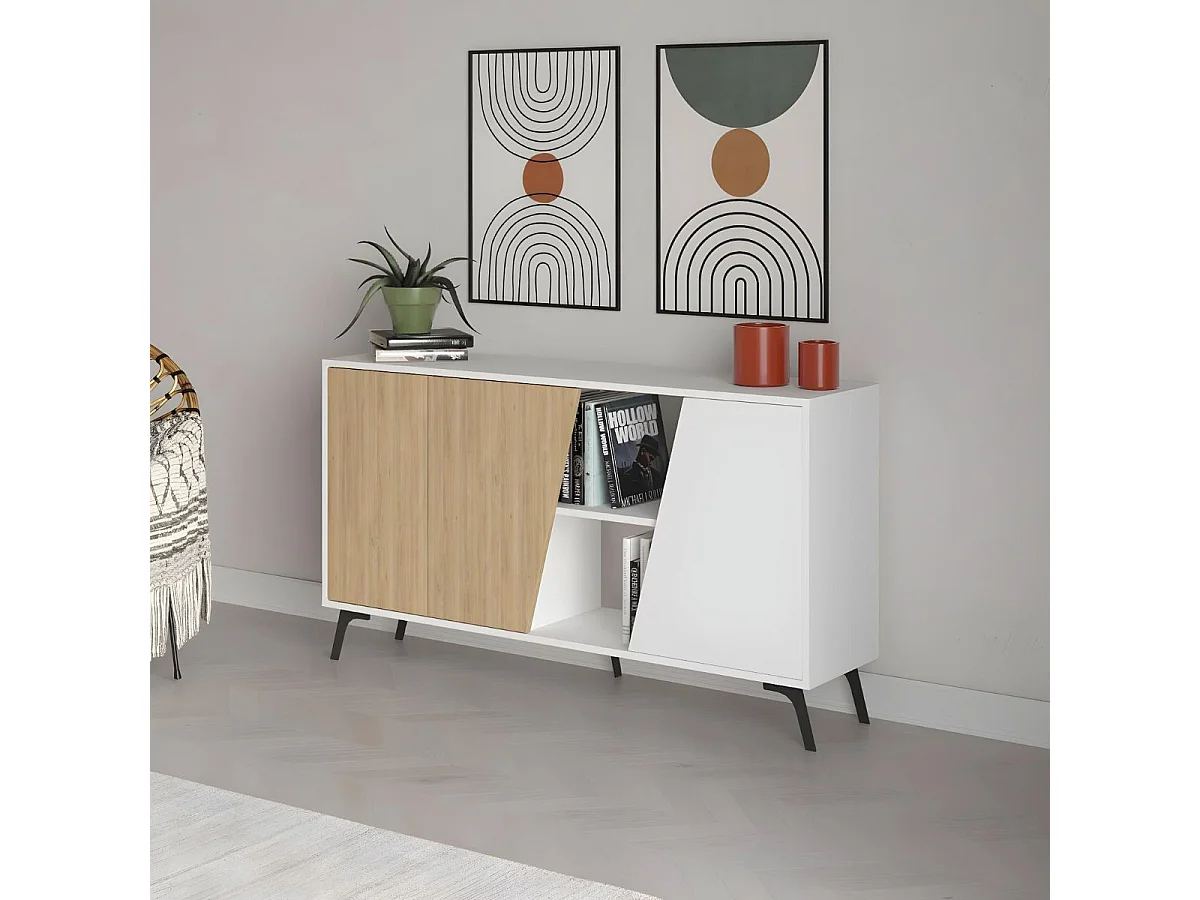 Aparador Fiona 2 puertas + 5 compartimentos roble/blanco 82x150x35,6 cm