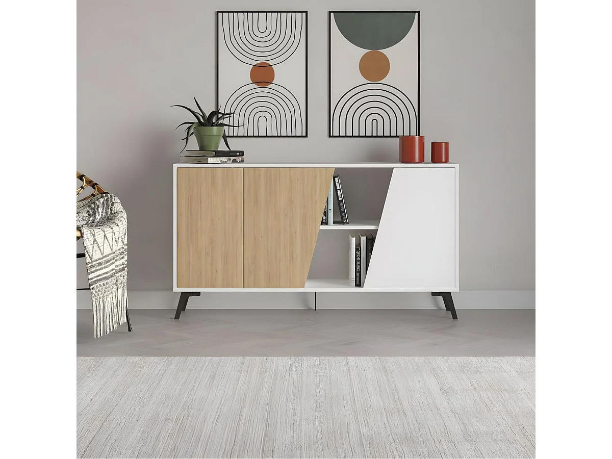 Aparador Fiona 2 puertas + 5 compartimentos roble/blanco 82x150x35,6 cm