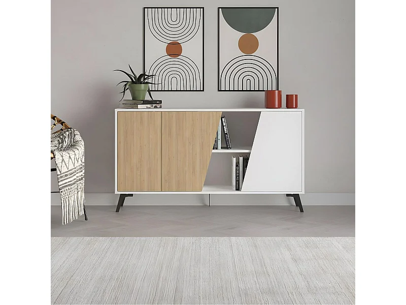 Aparador Fiona 2 puertas + 5 compartimentos roble/blanco 82x150x35,6 cm