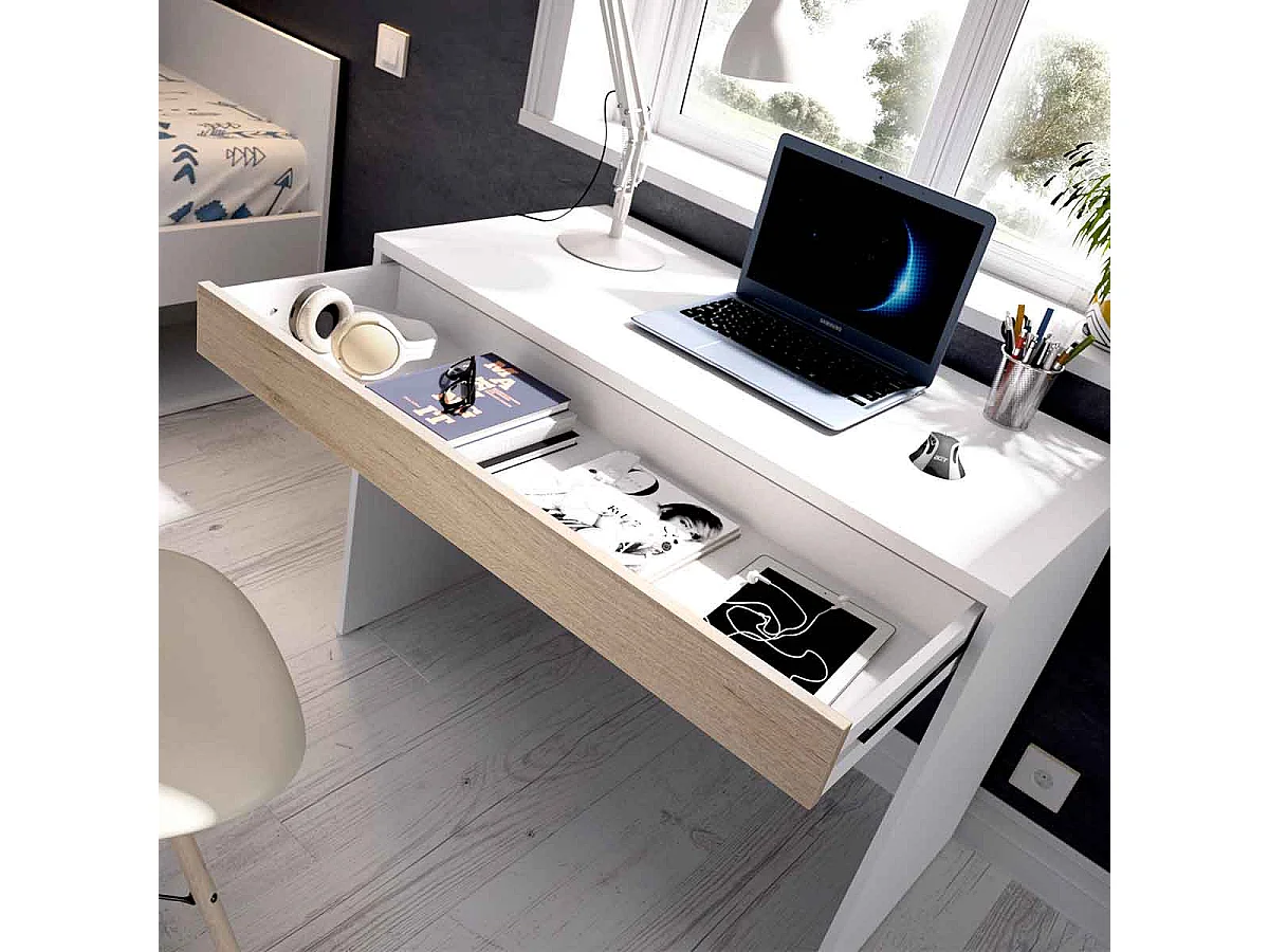 Escritorio Tok 1 cajón blanco/natural 74x90x50 cm