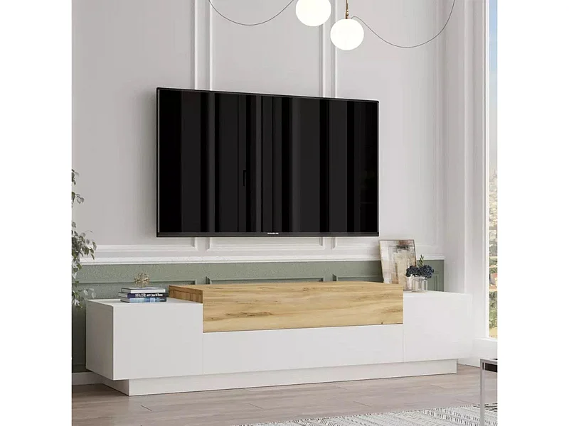 Mueble de TV Gaxio 4 puertas abatibles blanco/natural 38x160x37 cm