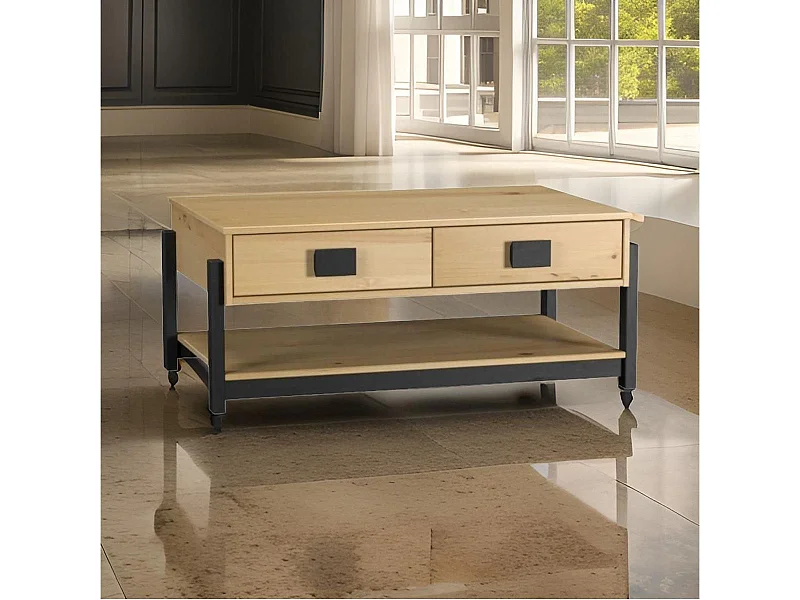 Mesa de centro Vicka 2 cajones + estante natural/negro 40x100x60 cm