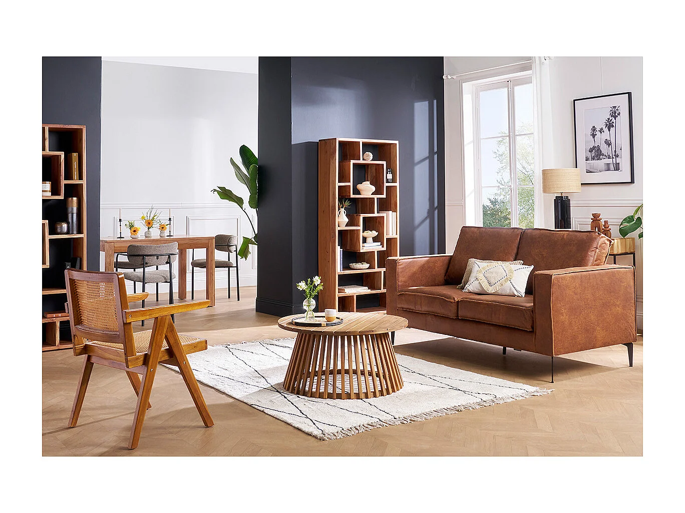 Canapé vintage 2-3 places cuir marron cognac aspect vieilli et métal noir SONNY