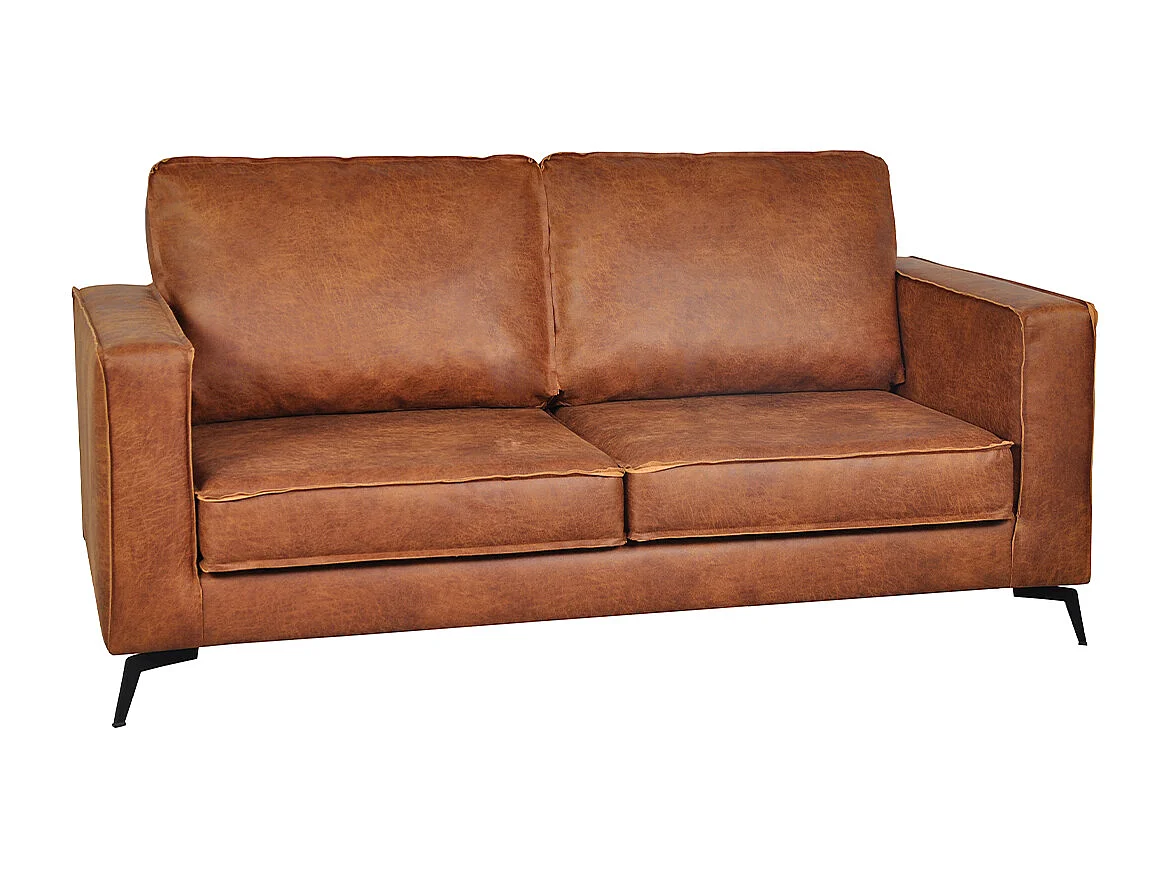 Canapé vintage 2-3 places cuir marron cognac aspect vieilli et métal noir SONNY