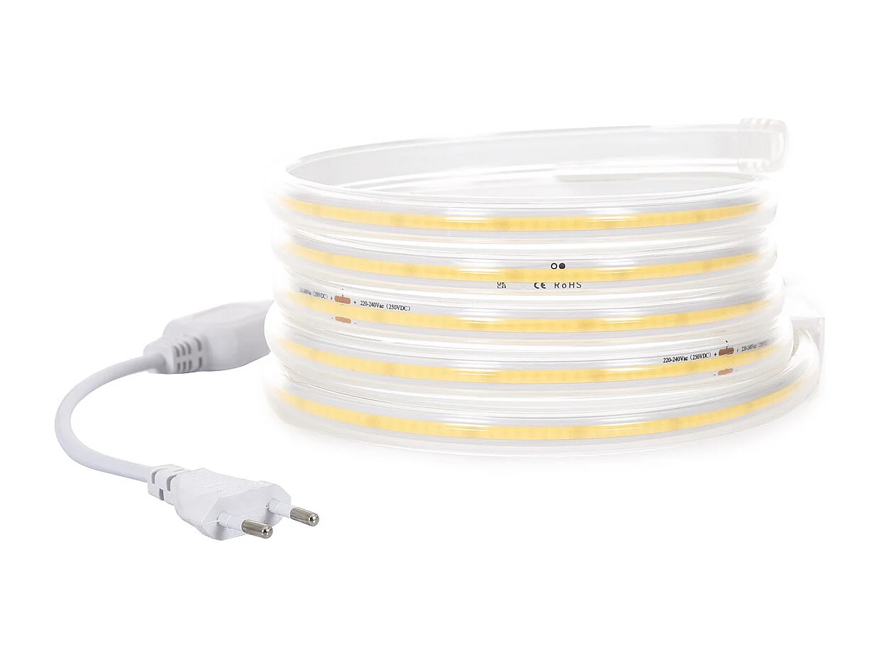 Striscia LED Regolabile 220V COB 320 LED/m Bianco Caldo 8W/m 720lm/m Larga 12mm IP65 CRI90 Taglio 50cm 25 m